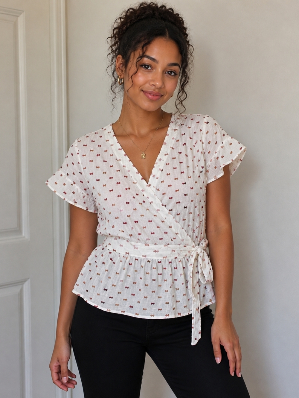 Madewell White Blouse with Red, Burgundy & Tan Dot Embroidery
